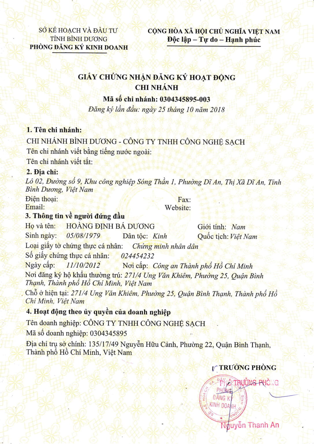 Branch License Binh Duong