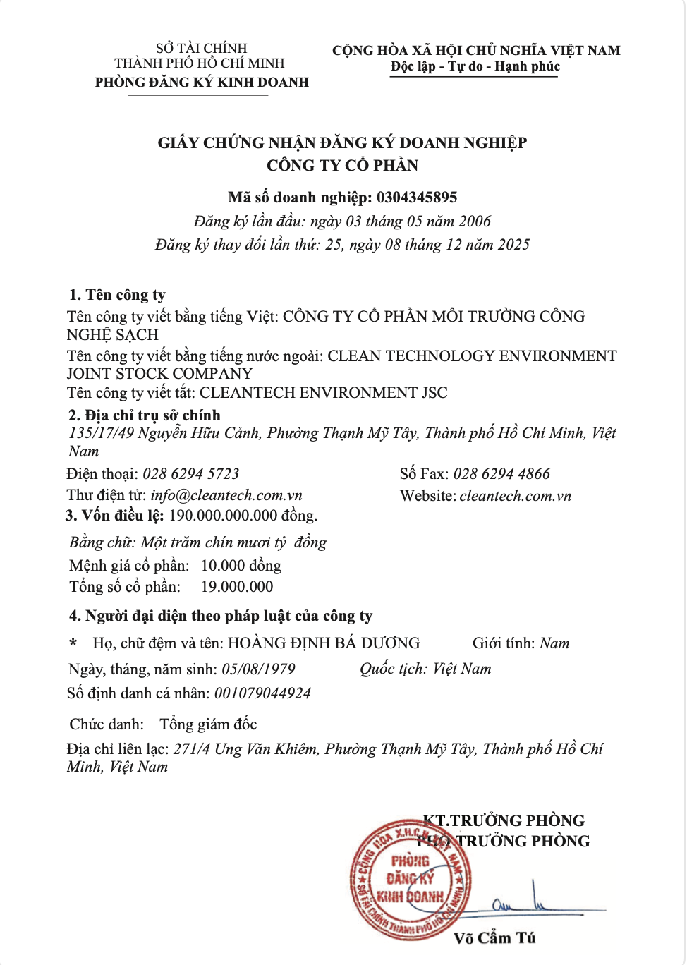 Giấy chứng nhận ĐKKD Cleantech